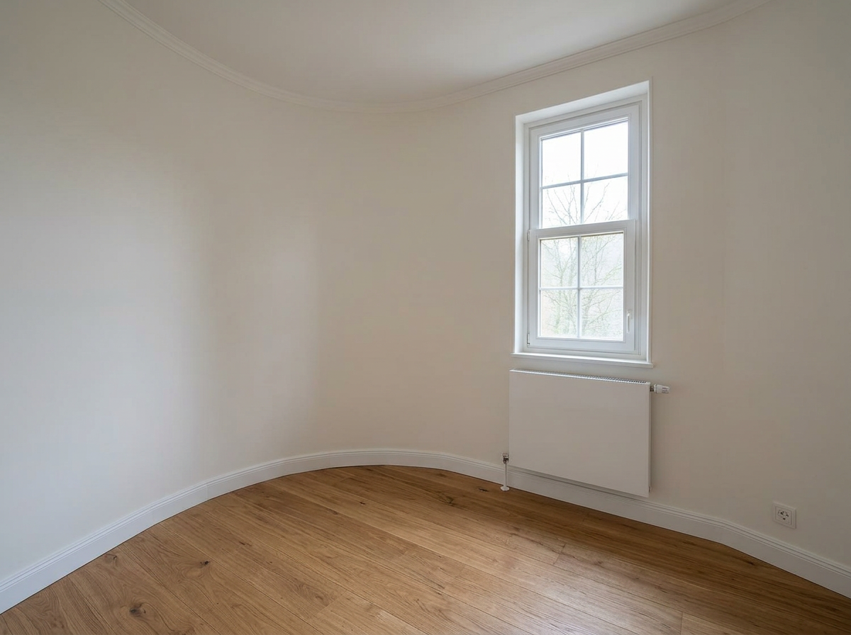Dasselbe Zimmer nach der Sanierung mit weißen Wänden und neuem Boden