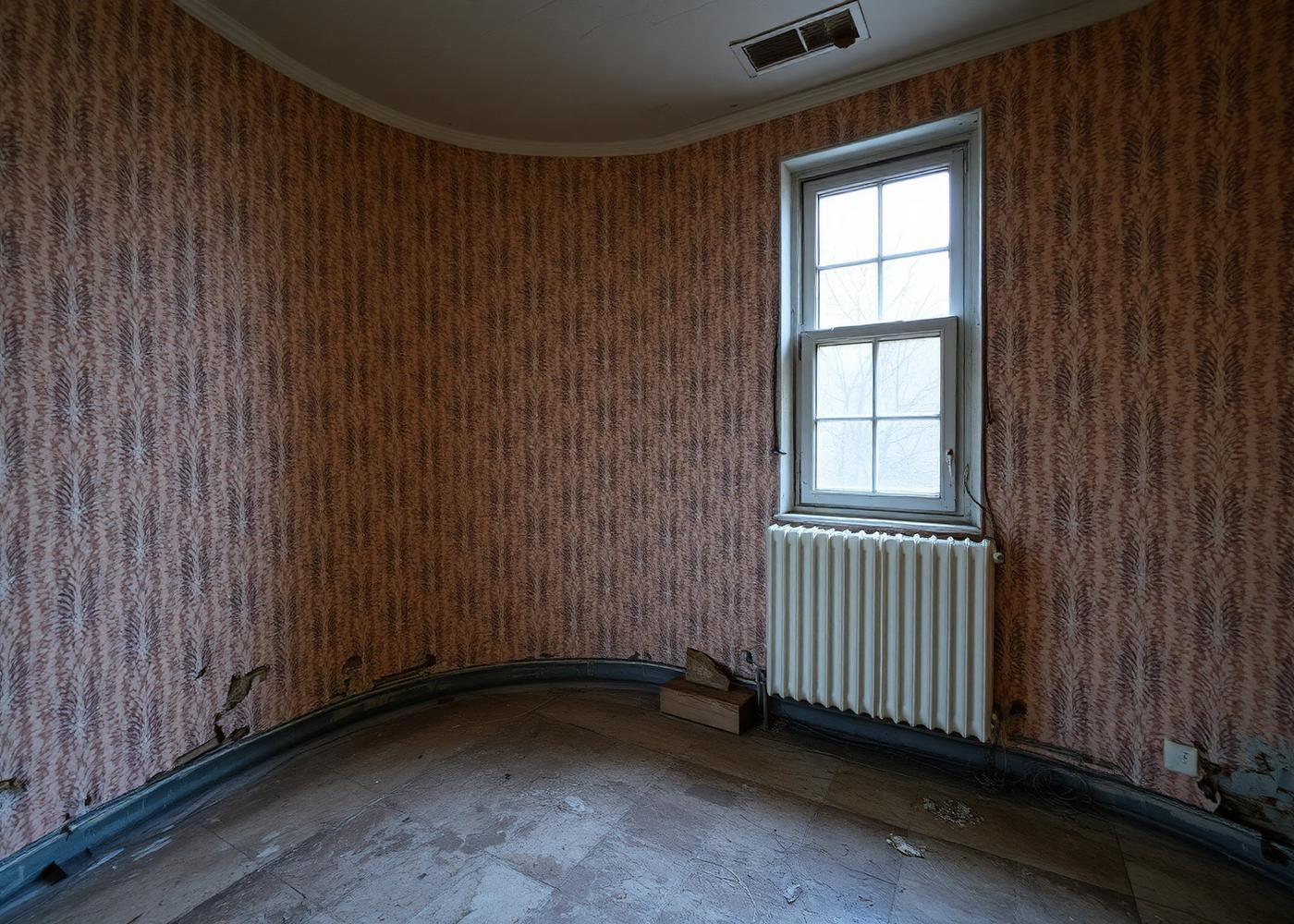 Zimmer vor der Sanierung mit alter Tapete und beschädigtem Boden