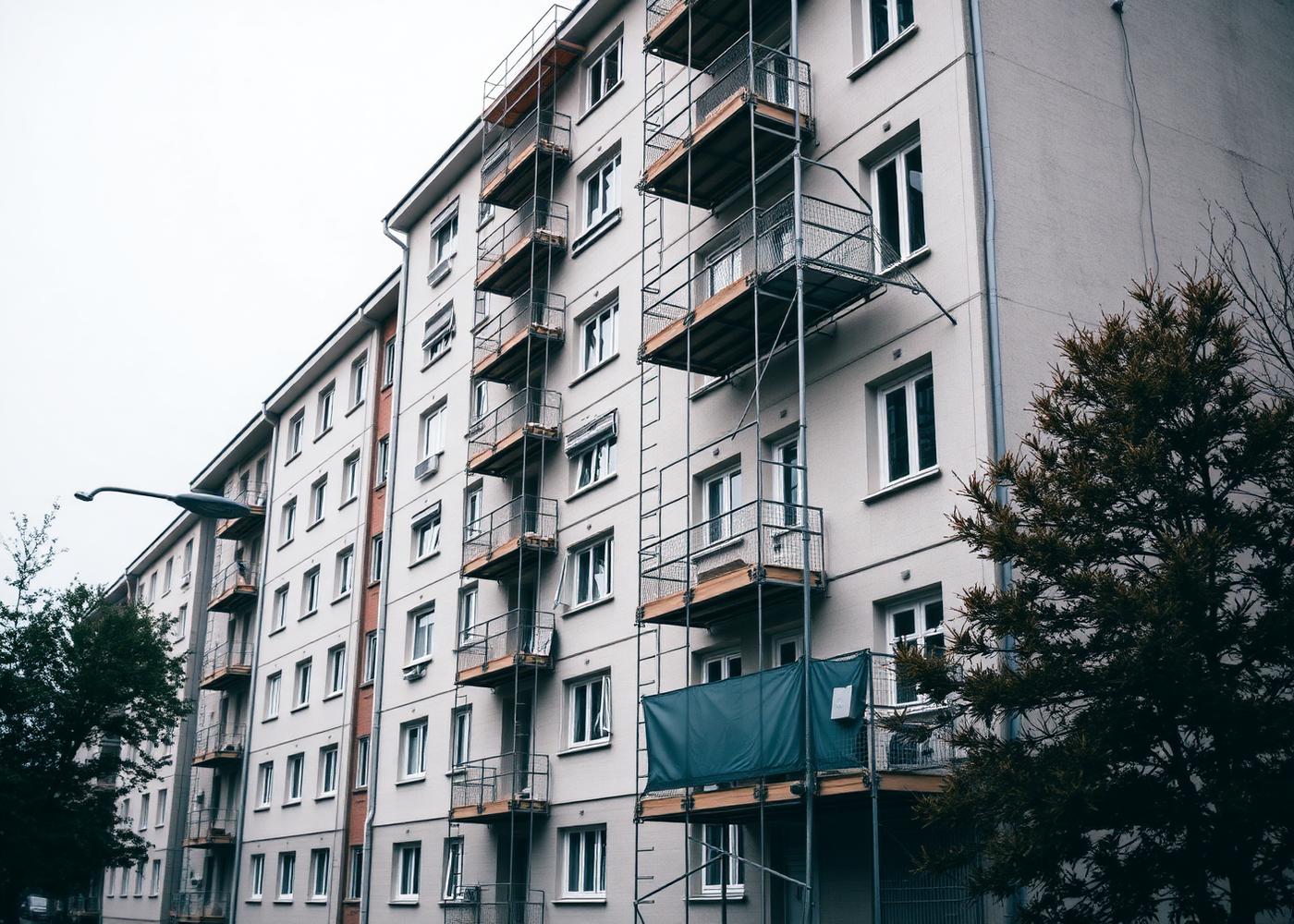 Mehrfamilienhaus mit Gerüst während der Fassadensanierung
